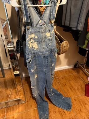 Carmar Distressed Blue Denim Paint-Splatter Overalls
